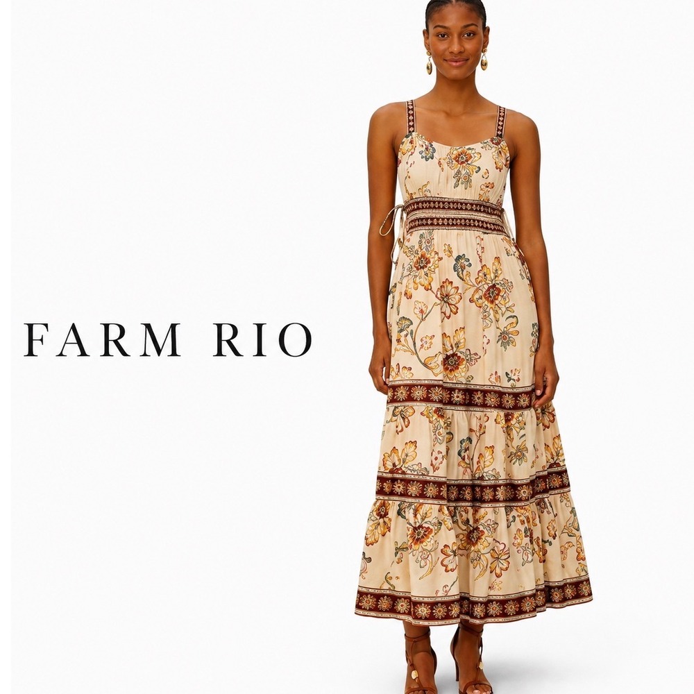 Farm Rio Floral Maxi Dress Cream Tiered Sleeveless Boho Resort Dress Large